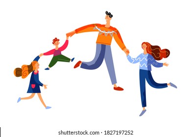 Family celebrating Christmas dancing together. Happy holiday celebration vector illustration. Festive party at home, parents with children holding hands. Xmas in winter, isolated on white background.