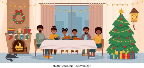 Family is celebrating Christmas. Family dinner at the table. Christmas concept.	