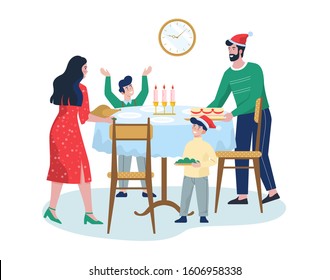 Family celebrating Christmas. Festive dinner preparing, children help their parents. Isolated illustration in cartoon style
