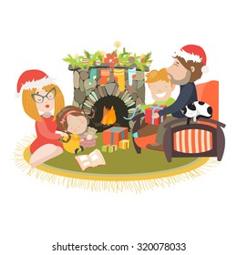 Family celebrating Christmas at fireplace. Vector illustration