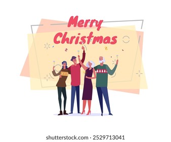 Family celebrating Christmas, having fun and toasting vector illustration. Merry Christmas lettering on abstract background. New Year, holiday, party, family concept for banner, poster or web design