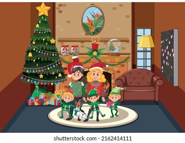 Family celebrating christmas at home illustration