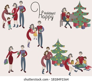 Family celebrating christmas and new year vector illustration set, children give gifts to grandparents, exchanching gifts