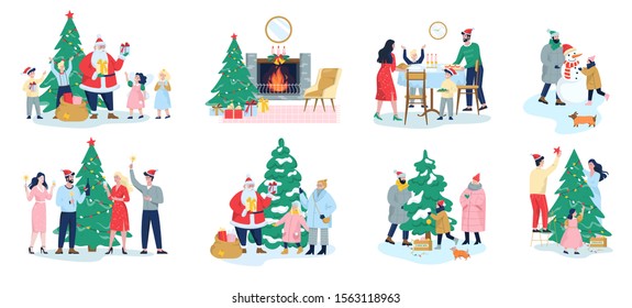 Family Celebrating Christmas Set. Family Decorating Christmas Tree For Celebration. Santa Claus With Gifts. Festive Dinner, Party For Children And Office Worker. Isolated Illustration In Cartoon Style