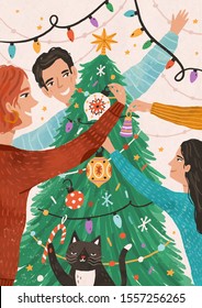 Family celebrating christmas together flat vector illustration. Happy child with mother and father cartoon characters. Winter holiday preparation. People decorate xmas tree with festive ornaments.