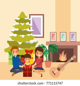 family celebrating christmas together tree chimney and music