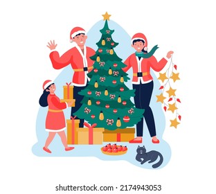 The family is celebrating Christmas with Christmas tree decorations. exchanging gifts, illustrations, postcards, invitations to join the festival of happiness with a party.