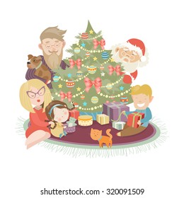  Family celebrating Christmas at the christmas tree. Vector illustration