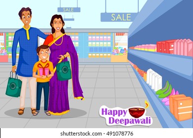 Family is celebrating Diwali festival of India with gifts in vector