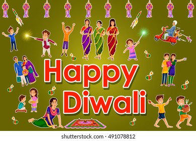 Family is celebrating Diwali festival of India with gifts in vector