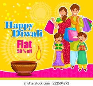 Family is celebrating Diwali with gifts in vector