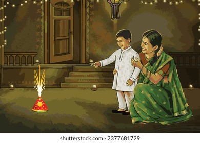 Family Celebrating Diwali Illustration. Mom And Son Celebrating Diwali