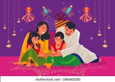 A family celebrating diwali. Two children with candles and diwali decorations and gifts. 