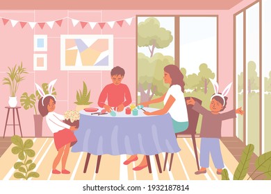 Family celebrating easter flat background with kids in rabbit suits and decorating eggs at table vector illustration