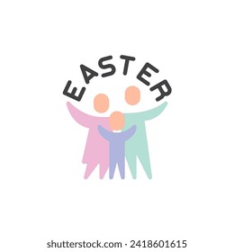 Familia celebrando Pascua juntos icono plano, signo vectorial, pictograma colorido aislado en blanco. Símbolo, ilustración del logotipo. Diseño de estilo plano