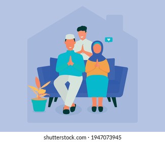 Family celebrating eid mubarak at home concept, islamic holidays, husband wife and kid staying at home. flat design pastel color