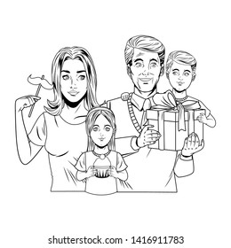 family celebrating father day avatars kid and wife with gift, moustache and cupcake in black and white vector illustration graphic design