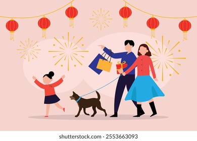 Family Celebrating Festive Lantern Festival with Fireworks and Dog 2d flat vector illustrations