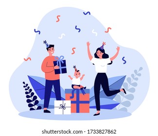 Family Celebrating First Kid Birthday. Young Couple, Toddler, Gifts, Confetti Flat Vector Illustration. Baby Party, Childhood, Fun Concept For Banner, Website Design Or Landing Web Page