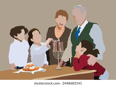 Family celebrating Hanukkah at their table at home