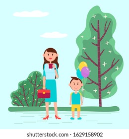 Family celebrating holidays together, mom drinking coffee or tea and kid holding balloons. Free time of people in summer park with greenery of trees and bushes. Child birthday party outdoors, vector