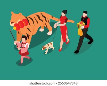 Family Celebrating Lunar New Year with Tiger and Lanterns in Festive Parade 3d isometric vector illustration