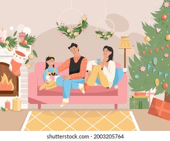 Family celebrating New Year holiday at home scene. Christmas tree, fireplace, holiday decoration. Parents give gift to daughter, sitting on couch, pastime together. Vector character illustration