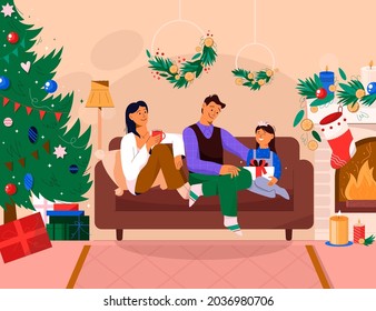 Family celebrating New Year at home. Mom and dad giving gift to their daughter sitting on couch. Festive interior decor, fir wreaths and Christmas tree in living room. Vector character illustration