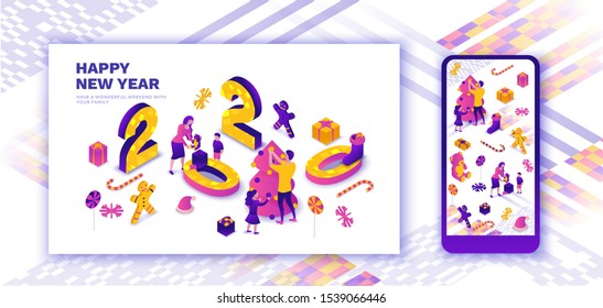 Family celebrating New year landing page, 2020 isometric 3d illustration, winter holiday party, christmas giveaway, parents, kids decorating tree, togetherness concept, present, mobile story template