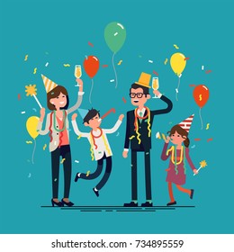 Family Celebrating Party. Cool Vector Character Design On Happy Modern Family Having A Party Cheering And Jumping With Party Hats, Confetti, Balloons, Etc.