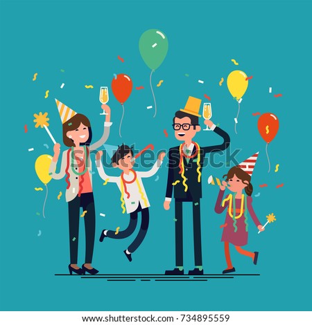Family celebrating party. Cool vector character design on happy modern family having a party cheering and jumping with party hats, confetti, balloons, etc.