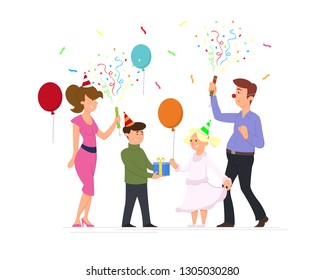 Family celebrating party. mom, dad and children celebrate their birthday, give gifts blow up crackers and launch balls. can be used on invitations, posters and banners. vector