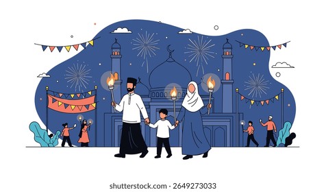 Family celebrating Ramadan with torches and fireworks in front of a mosque under a starry night sky