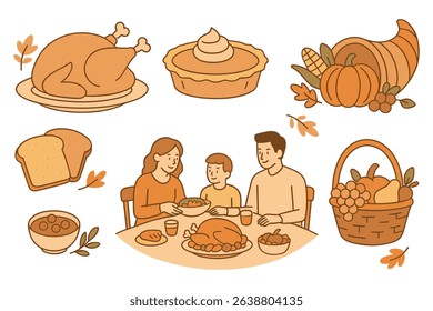Family celebrating Thanksgiving dinner with roasted turkey pie cornucopia and basket of fruits in illustration