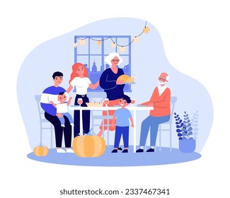 Family celebrating Thanksgiving at table vector illustration. Drawing of parents, grandparent and children having dinner together, eating turkey and pumpkin pie. Holiday, celebration, family concept