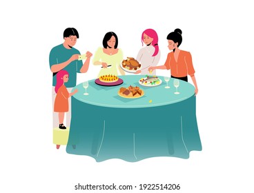 The family is celebrating Thanksgiving. Vector people eat many dishes at the festive table. Friends are celebrating a birthday. Vector food
