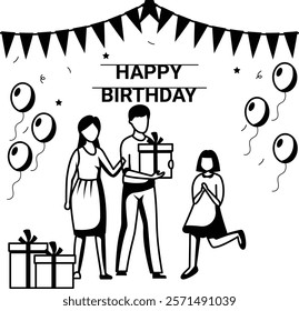 Family Celebrating their Daughter Birthday and Dad holding Big gift Box concept vector icon design, special anniversary event card Cheers to another year banner, indoor Party People scene illustration