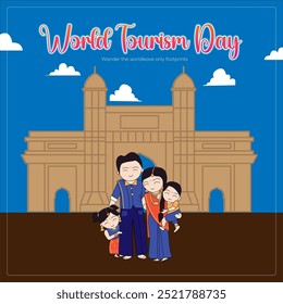 A family celebrating World Tourism Day in front of the Gateway of India in Mumbai The image reflects happiness family, and cultural pride Let me know if you'd like any modifications