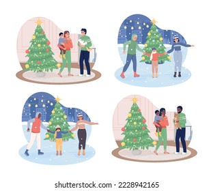 Family celebration 2D vector isolated illustrations set. Happy flat characters on cartoon background. Wintertime leisure colourful editable scenes collection for mobile, website, presentation