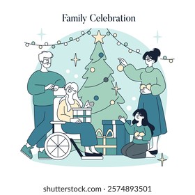 Family Celebration concept. Generations unite for a cozy holiday gathering by the Christmas tree with presents. Joy, warmth, and togetherness during festive season. Vector illustration.