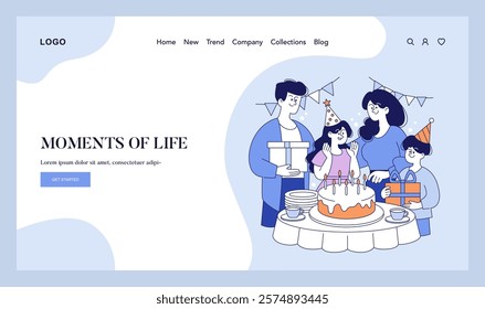 Family Celebration concept. A happy family gathes around a cake to share joy and presents at a birthday party. Warm, special occasion together. Vector illustration.