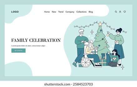 Family Celebration concept. A heartwarming illustration of relatives enjoying Christmas together, with festive decorations. Vector illustration.