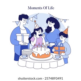 Family celebration concept. A joyful birthday party scene with presents, cake, and close-knit family sharing happiness. Vector illustration.