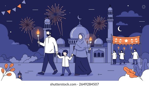 Celebração familiar com fogos de artifício e mesquita ao fundo durante as festas da noite