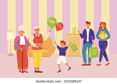 Family celebration grandpa birthday flat vector illustration. Happy holiday party. For granddaddy with love. Adult children and grandson congratulate grandfather with anniversary cartoon characters