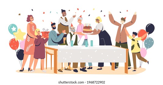 Family celebration with grandparents, parents and kids gathering to celebrate grandfather birthday anniversary with decorated table, cake and presents. Cartoon flat vector illustration