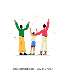 Family Celebration With Joyful Gestures In Flat Vector Illustration Symbolizing Togetherness, Happiness, And Unity, Isolated On White Background.