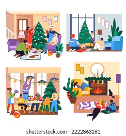 Family celebration of new year or Christmas. Peopled decorative pine tree, celebrating xmas at home together. Sitting by fireplace and talking, spending time and bonding. Vector in flat style