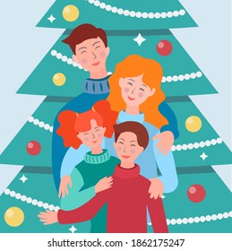 Family celebration New Years and Christmas near the decorated Christmas tree vector illustration