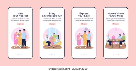 Family celebration onboarding mobile app screen flat vector template. Walkthrough website 4 steps with characters. Creative special occasion UX, UI, GUI smartphone cartoon interface, case prints set